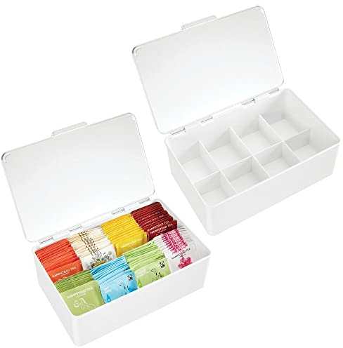 mDesign 2er-Set Teebeutel Aufbewahrung mit Deckel für den Küchenschrank – Teebox mit 8 Fächern aus Kunststoff – Aufbewahrungsbox für Tee, Zucker, Süßstoff oder Kaffee – weiß und durchsichtig