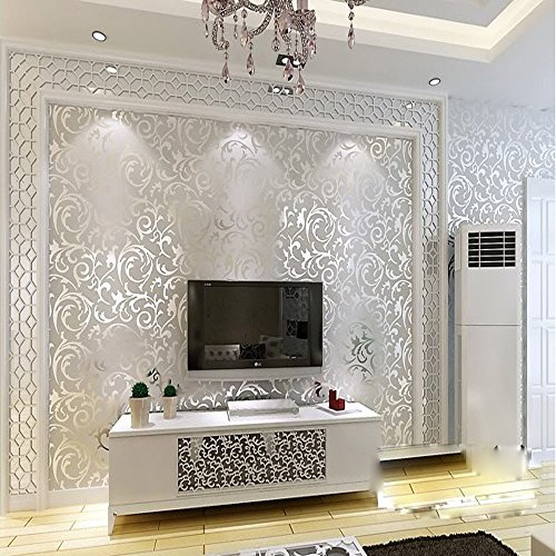 YangYun Home Decoration Carta da parati moderna minimalista 3D stereo TV sfondo per soggiorno, camera da letto, stile europeo, PVC damascato con foglie, colore grigio argento, non incollata, 0,53 m