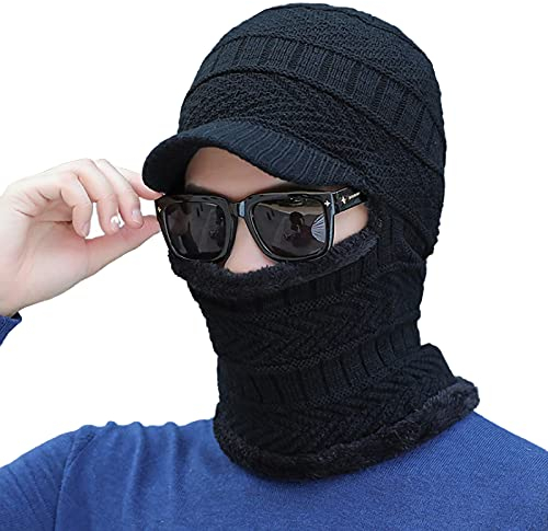 Winter Warme Balaclava Herren Kapuzenschal Plüschfutter Wintermütze Schalmütze mit Schirm Sturmhaube Outdoor Schlupfmütze Winddicht Gesichtshaube Skihaube Strickmütze Schal für Snowboard Skifahren