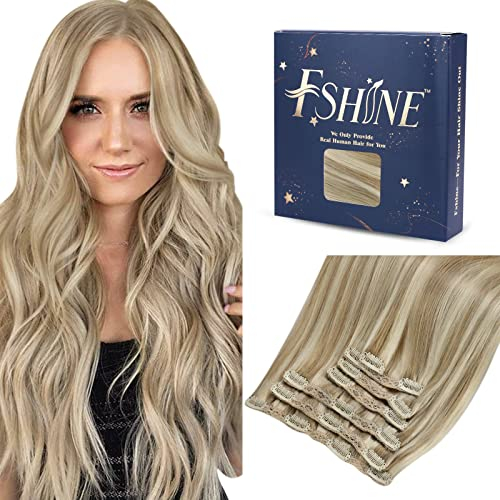 Fshine Clip in Extensions Echthaar, Aschblond Hervorgehobenes Goldblond 35cm 120g 7 Stücke Hair Extensions Clip in Echthaar Voller Kopf Farbe 16P22