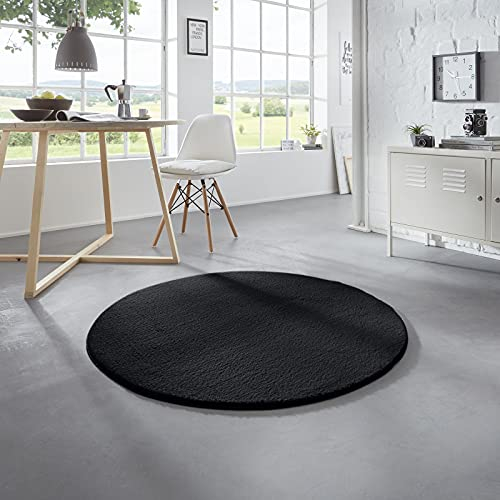 Taracarpet Waschbarer Flauschiger Uni Kurzflor Teppich, Anti-Rutsch, Felloptik, Super Soft Schwarz 080 cm rund