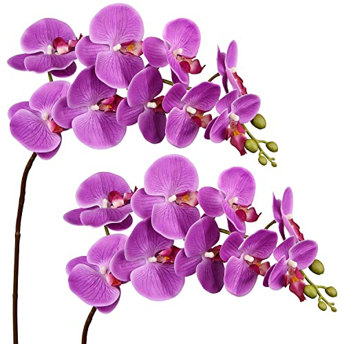 DILATATA Blooming Phalaenopsis Orchid 31.5 Tall Real Touch Artificial Orchid with 9 Large Flowers Fake Orchids Artificial Flowers for Decoration Home Arrangement-Purple Orchids Flowers 2pcs