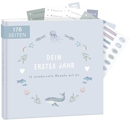 mintkind® Babyalbum Mein erstes Lebensjahr Wal + Sticker Set I Baby Fotoalbum zum Selbstgestalten I Baby Geschenk für Mädchen und Junge | Babybuch zum Eintragen | Baby-Tagebuch ab 0 Monate