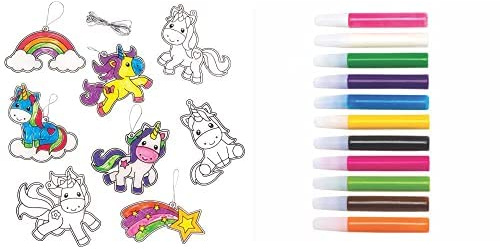 Baker Ross Unicorn Suncatcher Decorations (Pack of 8)(AR384) and Suncatcher Paint Pens Bumper Pack (Pack of 12)(AT943)