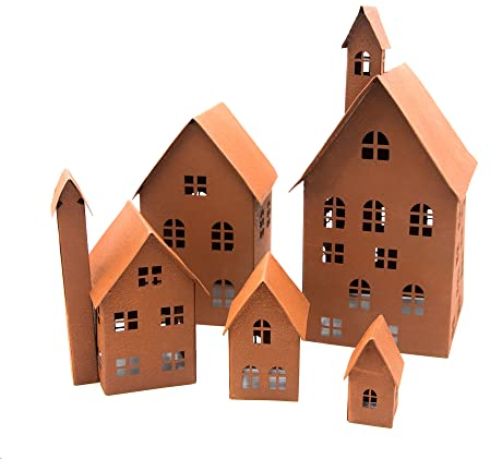 UNUS Deko Häuser 5er Set, Lichthäuser aus Metall, Edelrost Herbstdeko Outdoor, Weihnachtsdorf für Garten, Terrasse oder Balkon