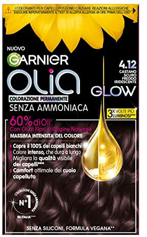 Garnier Olia Glow, Colorazione Permanente Senza Ammoniaca, Copre il 100% dei Capelli Bianchi, Con Oli di Fiore di Origine Naturale, Formula Vegana, Castano Scuro Freddo Iridescente