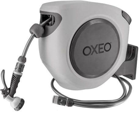 Oxeo - Dévidoir mural automatique 35m - Arrosage enrouleur automatique - Pivotement 180° - Pistolet 8 fonctions - Noir