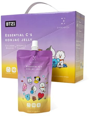 EVERYDAZE BT21 Essential C’s Konjac Jelly | Korean Pear | Plant-Based Collagen Booster | Gluten Free, Sugar Free, Low Calorie | Healthy Drinkable Fruit Snack | 10 Pack Box Food Drink Pouch