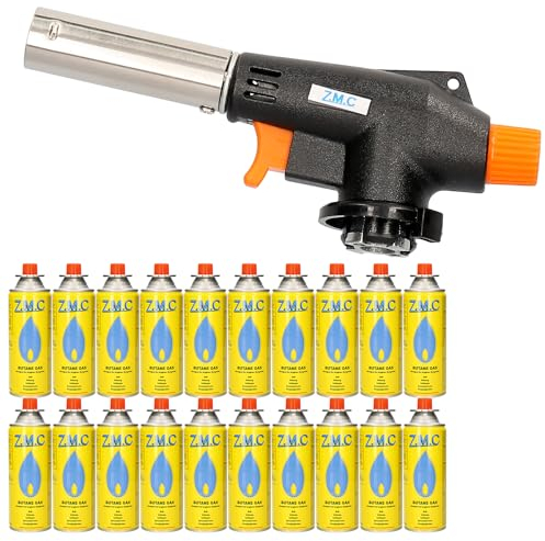 Z.M.C Brûleur à gaz + 20 cartouches de gaz 227 g, chalumeau de soudage jusqu'à 1300 °C, chalumeau Bunsen 1,3 kW, chalumeau de cuisine avec flamme réglable