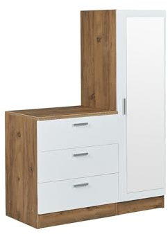 Vente-unique - Commode 3 tiroirs avec Armoire et Miroir - Blanc et Naturel - VITORIO