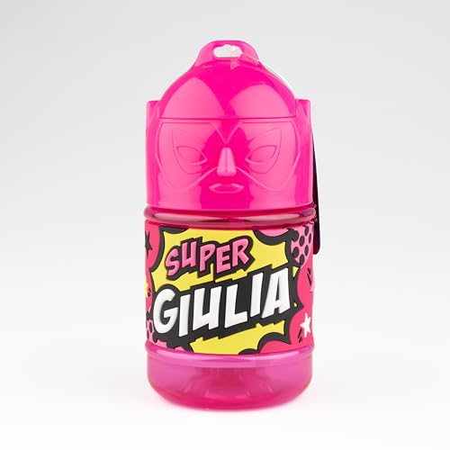 Bouteille personnalisée pour enfant, gourde d'eau avec paille - Super Giulia, Rose