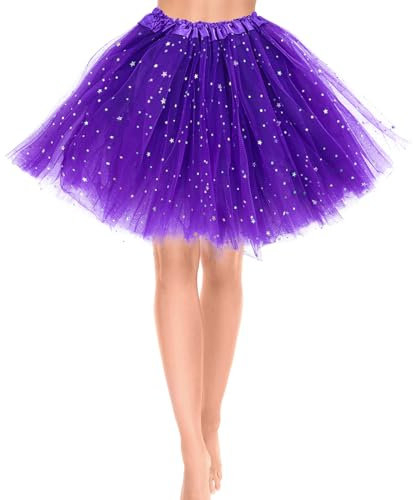 Damen Tüllrock 3 Lagen Tüll Rock mit Pailletten Sternen Adult Teen Tütü Rock Damen Mädchen Retro 80er Party Halloween Karneval Party Kostüm (Dunkellila)