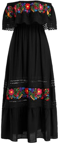 IWEMEK Robe Mexicaine Longue d'Été - Épaules Dénudées, Brodée avec Fleurs - de Plage et Loisirs pour Cinco de Mayo, Halloween, Carnaval