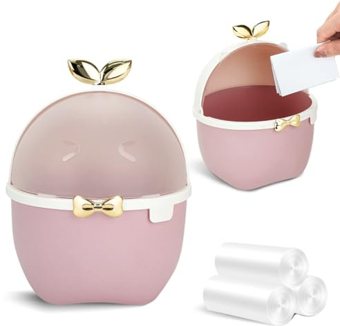 DIBALIYI Mini TischmüLleimer mit Deckel, Kawaii Mülleimer mit 3 Rollen Müllsäcke, Karikatur Tier Papierkorb Kinderzimmer für Büro Auto Küche Bad, 19,5 * 15 * 15cm (Rosa)