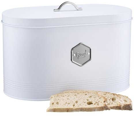 Cooks Professional Bread Bin | Modern Stylish Kitchen Countertop Labelled Metal Storage Canister | Breathable Container Box for Loaves, Pastries, Rolls | White & Silver