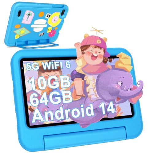 2025 Neueste Android 14 Kinder Tablet 7 Zoll, 10GB(4+6) RAM+64GB ROM/TF 1TB, WLAN 6, 5G+2.4G WLAN, 8-Core 1.8 GHz, 1024*600, 3500mAh, Type-C, Bluetooth 5.0, Kids Tablet Mit EVA-Hülle - Blau