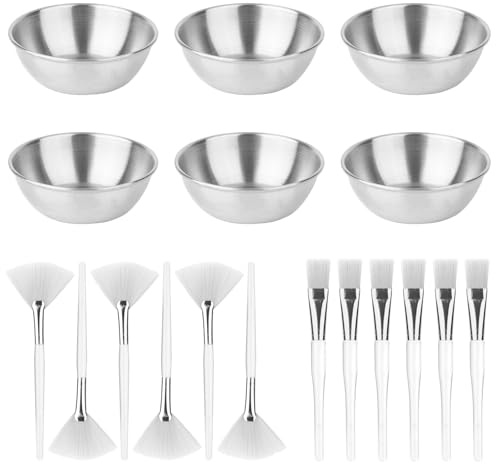 Set de 18 Piezas para Esteticista, Incluye 6 Cuencos 6 Pinceles Abanico y 6 Pinceles Planos Set Mezclar Mascarillas Faciales para Mujeres Belleza Spa Uso Doméstico (Plata)