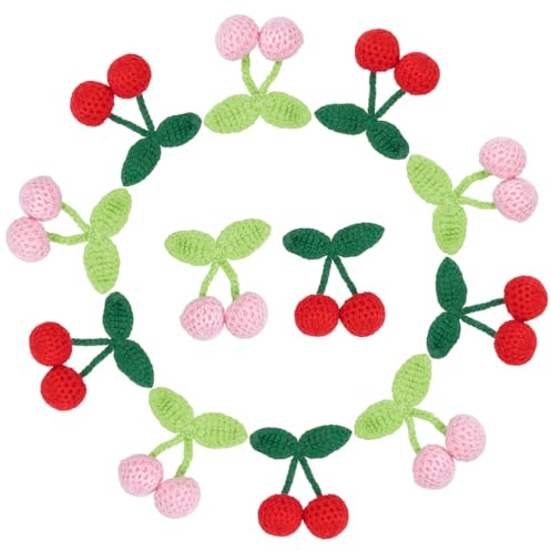 WADORN 10Pcs 2 Styles Crochet Cherries, Knitting Cherry Patches Sewing on Appliques Handmade Crochet Sweet Cherry Pendant Pink Red Fruit Crocheted Accessories for DIY Keychain Clothes Bag Decoration