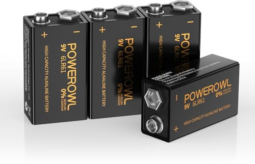 POWEROWL 9V Alkaline Battery, Pack of 4, High Capacity 9 Volt Batteries, Long Lasting, Smoke Alarm Detectors, Remote Control Car