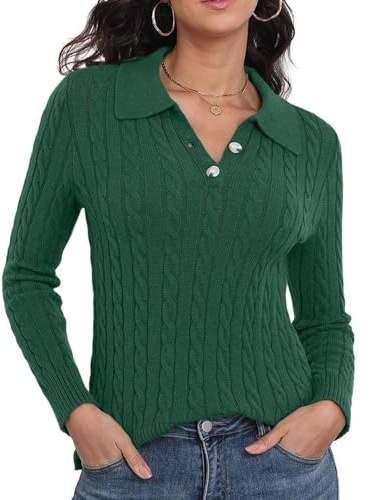 GRECERELLE Women's Knit Jumper Polo Neck | Cable Knit Long Sleeve, Casual, Pullover, Tops, for Fall Winter