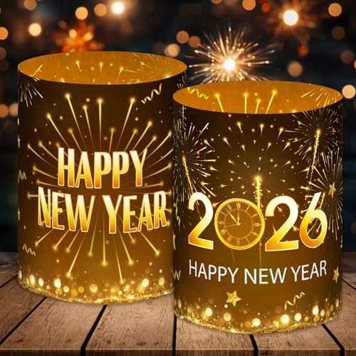 Juego de 12 portavelas para mesa de Nochevieja, decoración de Nochevieja 2026, color negro y dorado, para decoración de Año Nuevo, ideal para velas de té o velas