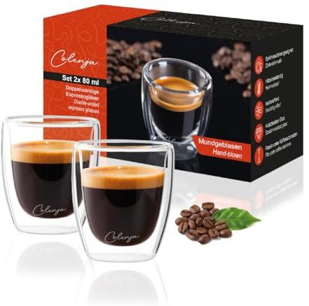 Colenja dubbelväggiga espressoglas set om 2 80 ml – högkvalitativa kaffeglas för espresso – snyggt och klöståligt glas – presentidé – borosilikatglas espressokopp set – diskmaskinssäker
