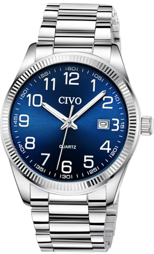CIVO Reloj Hombre Fácil de Leer: Acero Inoxidable Plateado Analógico Esfera Grande Azul Impermeable - Regalo para Personas Mayores con Discapacidad Visual