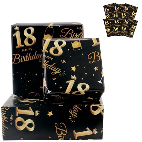 6 hojas de papel de regalo de cumpleaños número 18, 70 x 50 cm, papel de regalo de feliz cumpleaños negro y dorado, decoraciones de regalos de cumpleaños número 18 para niños y niñas, reciclables, 18 | Decoraciones de regalo de cumpleaños número 18 para niños y niñas, reciclables, color negro y dorado