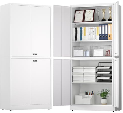 LHForgetech Armoire de Rangement Garage, Meuble Metallique, Armoire de Garage à 5 Étagères avec 4 Portes, Étagères Réglables, 2 Serrures, 40 x 80 x 180 cm, Noir (Blanc)