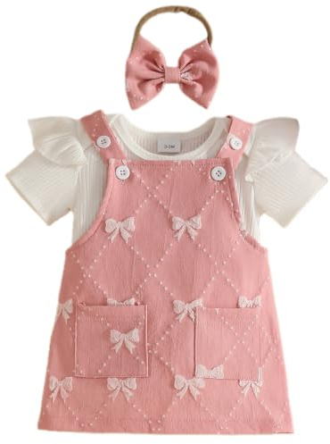 Eqenkely Conjunto Faldas para Niñas Recién Nacidas Manga Corta Rayas/Liso Top con Volantes + Vestido con Tirantes + Diadema 3Pcs Ropa Trajes Rosa 12-18 Meses