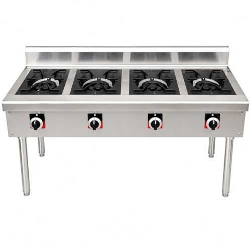GrecoShop Fornello Professionale a Gas 4 Fuochi in Acciaio Inox con Supporto regolabile in Altezza–Cucina Industriale per Ristoranti, Pizzerie e Catering, Bruciatori, Struttura Professionale