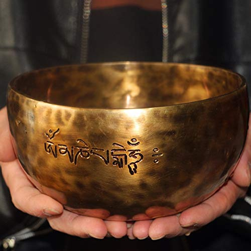 UUK Professional OM Sound Singing Bowl Tibetan Set Full Moon Meditation Yoga Bowl Mixing of Multiple Metals, Handmade in Nepal with Drum Stick, Singing Bowl Cushion and Striker, Ideal, 13cm