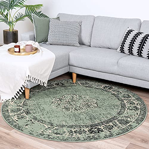 FRAAI | Home & Living Teppich Vintage Rund - Wonder Grün Schwarz - Polypropylen - Kurzflor - Vintage - Orientalisch - Wohnzimmer, Esszimmer, Schlafzimmer - Carpet