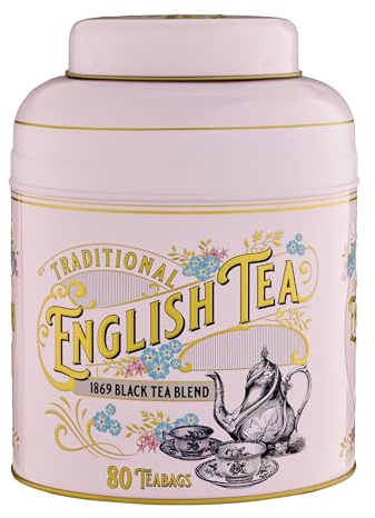 New English Teas Vintage Victorian Pink Tea Caddy with 80 English 1869 Blend Black Tea Teabags