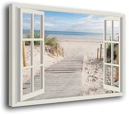 Genérico Cuadro Lienzo Canvas Pasarela Playa con Ventana Efecto 3D – Varias Medidas - Lienzo de Tela Bastidor Madera de 3 cm - Alta resolucion (60, 40)