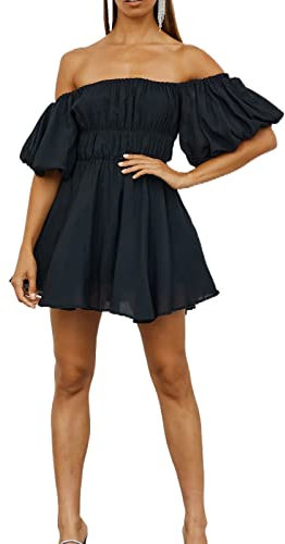 Loalirando Women Elegant Short Puff Sleeve Off-Shoulder Tunic Dress Solid Color Square Neck Elastic Waist A-line Mini Dress Streetwear Black