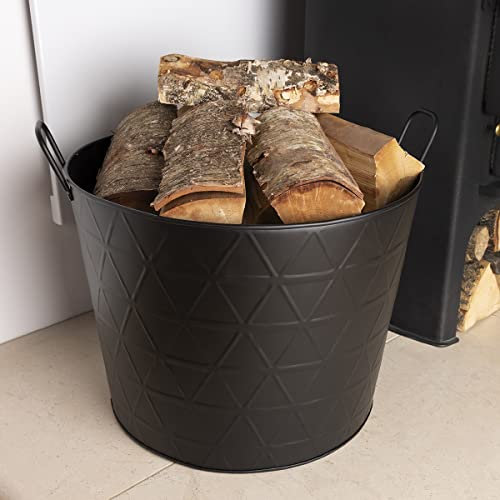 CHARLES BENTLEY Log Bucket, Snug, Yew, Small, Fireside Log Bucket, Contemporary Design, Iron, Matte Black, Triangular Embossed Body, Solid Metal Handles, 4KG Log Capacity, Powder Coated (40x37x35cm)