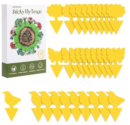 aonova Fruit Fly Traps, Pack 30 Yellow Double-sided Fungus Gnat Sticky Catcher for Plants Indoor and Outdoor Insects Fly Control - Non-Toxic, Waterproof