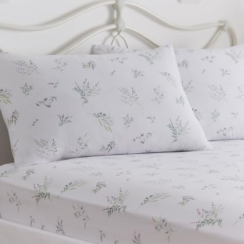 Dreams & Drapes White Lavender Fitted Sheet – Double Size (190x135x28cm) – 2 Pillowcases – Lilac Floral Print – Soft Cotton Bedding – Matching Duvet Cover Available