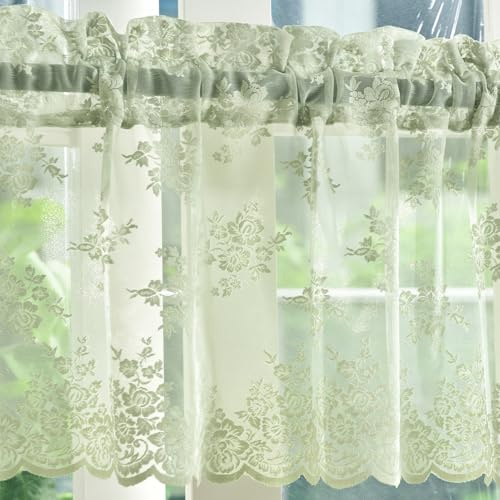 Kotile, Tenda mantovana trasparente per finestre, verde salvia chiara, stile rustico, con motivo floreale, in pizzo, lunghezza 45,7 cm, mantovana filtrante per la luce, 132 x 45,7 cm, 1 pannello