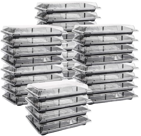JMIATRY 50 Pcs Reusable Small Plastic Buffets Catering Trays with Lids, 285x186x45mm Sweet Treat and Sandwich Platter Trays, Black Pattern Base Food Containers for Party Food and Buffets