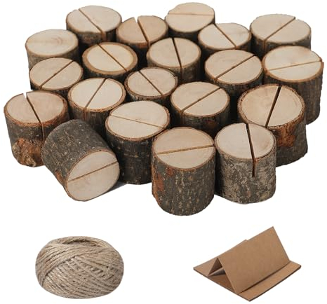 Worown 20 Stück Kartenhalter Holz, Menükartenhalter, Fotohalter Holz ,Tischnummernhalter mit 20 Kraftpapier Tischkarten und 30 Meter DIY hanfseil für Kaffeebar, Hochzeits