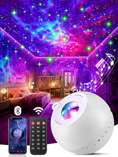 Galaxy Star Projector Night Light with 15 Colors and White Noises, Bluetooth Ceiling Light for Bedroom, Remote Baby Sensory Lights for Autism Gifts