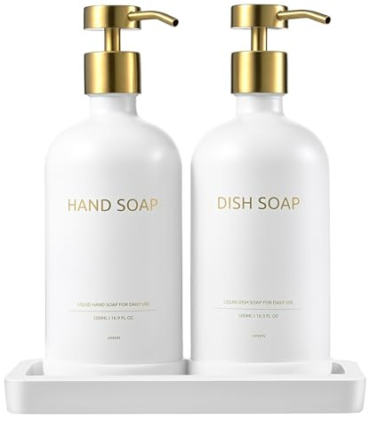 Janxin 2 stycken 500 ml glasflaskor, tvättvätskedispenser, schampo- och balsamflaskor, tvåldispenser, pumpflaskdispenser med låda för badrum och kök(vit, flaska + guldskumkrage)