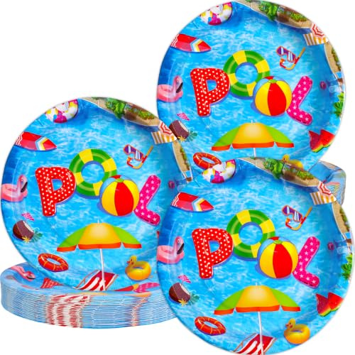 Fancy Land 24Pcs Pool Paper Plates Summer Paper Plates Pool Theme Party Plate for Beach Tropical Hawaiian Birthday Party Decor Supplies