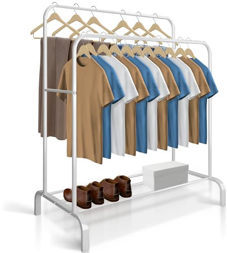 JUPPLIES Burro Ropa Resistente – Perchero Burro Doble con Soporte, 146x110x54cm, Metálico, Organizador de Ropa con Zapatero, Colgador para Vestidor y Dormitorio (Blanco)