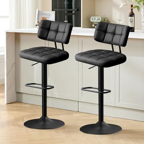 Ckaff Lot de 2 Tabourets de Bar Noir - Bar Réglables en Hauteur Modernes, Chaise de Bar Chaise Haute Bar- Tabouret Ilot Central Cuisine, avec Dossier et Repose-Pieds, Salle à Manger, PU