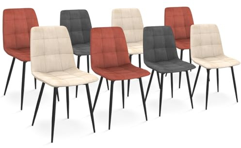 IDMarket - Lot de 8 chaises Mila en Velours Mix Color Terracotta x3, Gris foncé x2, et Beige x3