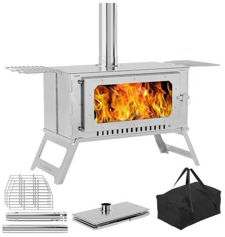 Large Portable Wood Burning Tent Stove, Foldable Stainless Steel Camping Stove with Viewing Glass & 5 Chimney Pipes & 3 Grills for Outdoor Heating, Cooking, Shelter, and Wilderness Survival