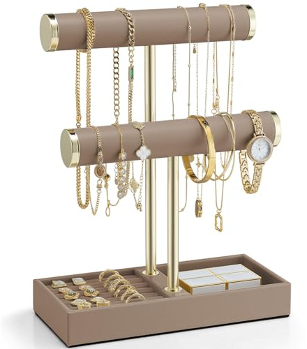 Vlando 2 Tier Bracelet Holder with Tray - Leather Jewelry Stand Organizer for Women - Valentines Day Gift Her- Jewelry Holder Display for Necklace, Watches, Rings, Earrings, Bangle, Scrunchie - Toffee